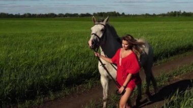 Genç güzel kadın kurşun yürüyüş beyazı bir at üstünde yeşil alan ile