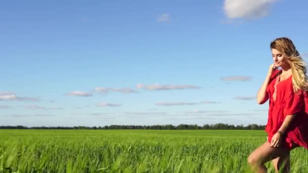 Mujer feliz disfrutando de la naturaleza hermosa rubia caminando en el campo. Concepto de libertad . — Vídeo de stock