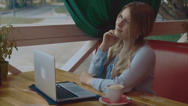 Video retrato de una joven empresaria trabajando en el portátil en la cafetería — Vídeos de Stock