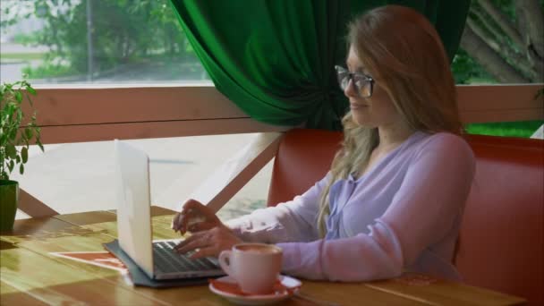 Empresaria con gafas trabajando en cafetería y hablando por video comunicación — Vídeo de stock