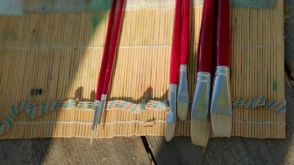 Paintbrushes on wooden table — Stock Video