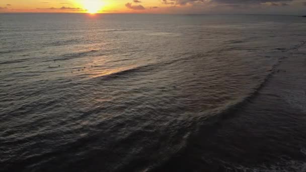 Nadando en el océano al atardecer. Vacacionistas disfrutando del verano, aéreo — Vídeos de Stock