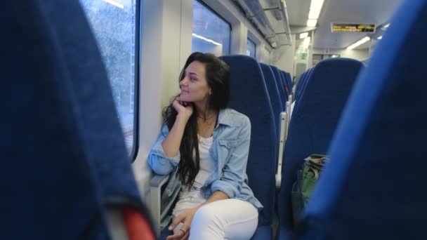 Χαμογελώντας όμορφη γυναίκα απολαμβάνοντας τη βόλτα με το τρένο και όνειρα — Αρχείο Βίντεο