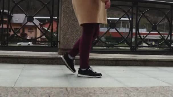 Egy nő sétál a bekerített úton. — Stock videók