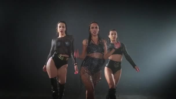 Actuación de baile de tres sexy damas en discoteca, grupo de go-go performers — Vídeo de stock