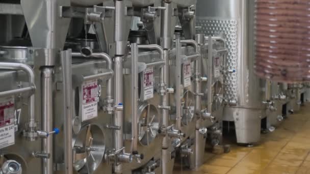 Tini di vino in acciaio inox in fila — Video Stock