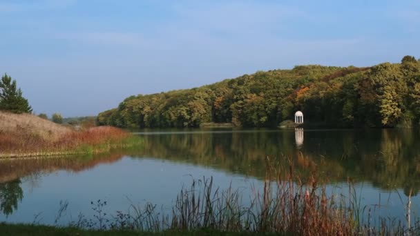 静かな湖と森の近くに孤独な展望台と風景 — ストック動画