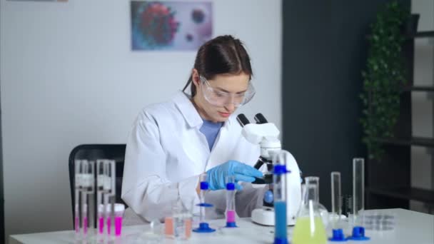 Медицинский ученый, проводящий лабораторные испытания в поисках коронавирусного лечения — стоковое видео
