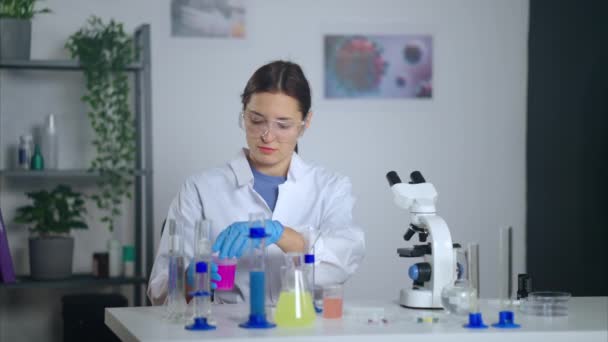 Химический эксперимент в лаборатории, женщина смешивает реагенты во флаконе — стоковое видео