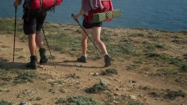 Par de viajeros están caminando en la naturaleza, sobre el acantilado cerca del mar — Vídeo de stock