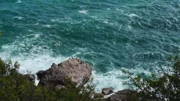 Schilderachtige zeegezicht met blauwe golven raken kustrotsen — Stockvideo