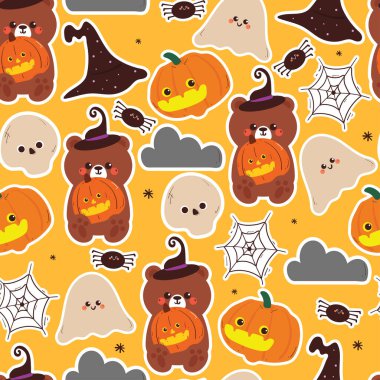 seamless pattern cartoon bear with halloween element drawing, for halloween vibe wallpaper and background
