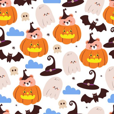 seamless pattern cartoon bear with halloween element drawing, for halloween vibe wallpaper and background