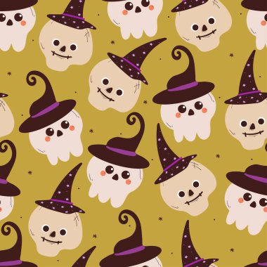 Cadılar Bayramı için cadılar bayramı kağıdıyla cadılar bayramı şapkası takmış kusursuz desenli karikatür.