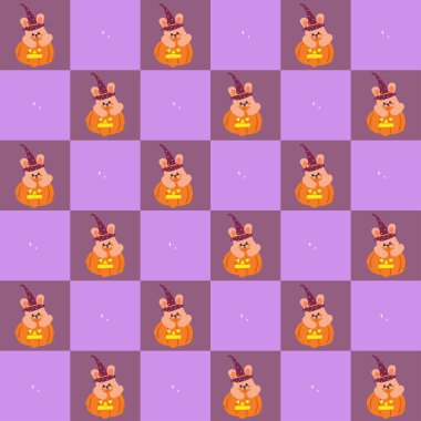 Cadılar Bayramı balkabağı ve cadılar bayramı hayaleti arkaplanda sevimli desenli çizgi film tavşanı