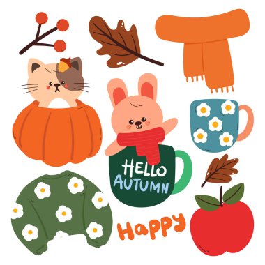 Çıkartmalar ve simgeler için sonbahar sonbahar sonbaharı öğesi çizen çizgi film kedisi ve tavşanı çizen sevimli el.