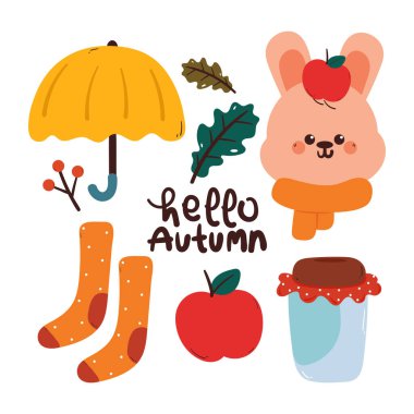 Güz elemanı çizimi ve çıkartması olan şirin bir el çizimi tavşan.