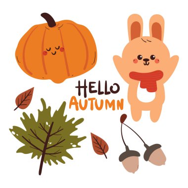 Güz elemanı çizimi ve çıkartması olan şirin bir el çizimi tavşan.