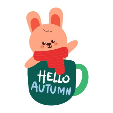 Sonbahar ve kış çıkartmaları için kırmızı eşarplı sevimli el çizgi film tavşanı.