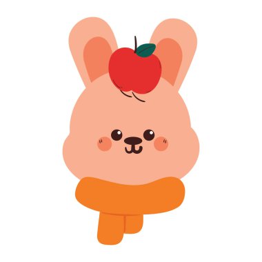 Sonbahar ve kış çıkartmaları için atkısı ve kırmızı elmalı çizgi film tavşanı çiziyor.