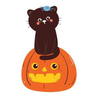 Cadılar Bayramı çıkartması için balkabağı ve örümcekli şirin bir kedi çizimi.