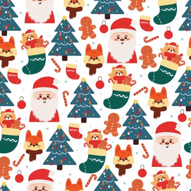 Noel Baba ve Noel Baba 'nın noel resmi çizdiği kusursuz desenli şirin çizgi film ayısı.