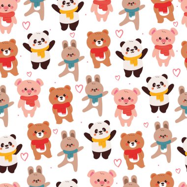 Duvar kâğıdı ve hediye paketi için eşarbı olan kusursuz desenli şirin çizgi film hayvanları.