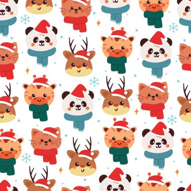 Kusursuz desenli şirin çizgi film hayvanları kış ve Noel duvar kâğıdı ve hediye ambalajı için eşarplı kafaları var.