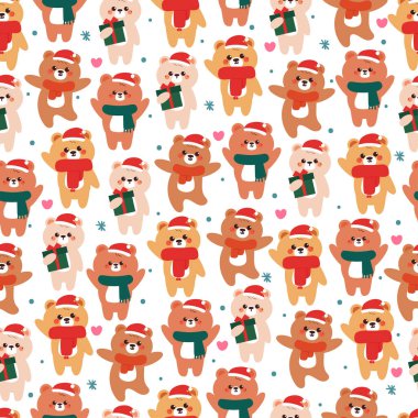 Noel ve kış duvar kağıtları ve hediye kağıtları için Noel kostümüyle kusursuz desenli şirin çizgi film ayısı.