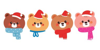 Çıkartmalar için Noel ve kış öğeleriyle çizilmiş şirin bir el çizimi ayı kafası.