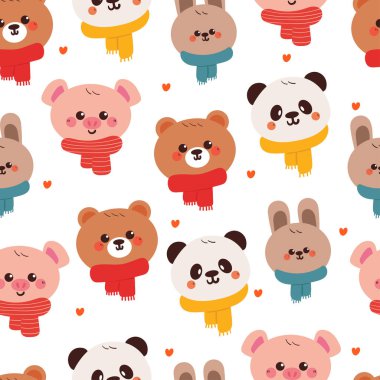 Kusursuz desenli, karikatürlü, kış duvar kâğıdı eşarplı şirin hayvanlar.