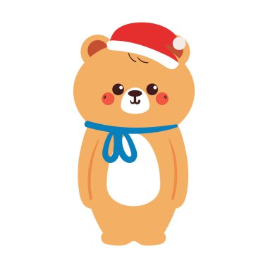 Noel Baba şapkası ve eşarbıyla kış ve Noel çıkartması çizen sevimli el çizimi ayı.