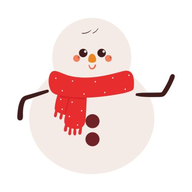 Kış çıkartması ve simgesi için kırmızı eşarplı sevimli kardan adam çizimi.