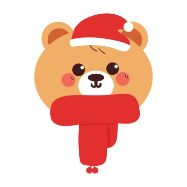 Noel ve kış çıkartmaları için Noel Baba şapkası ve eşarplı şirin çizim ayısı.