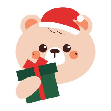 Noel Baba şapkalı, kış ve Noel çıkartmalı şirin bir çizgi film ayısı.