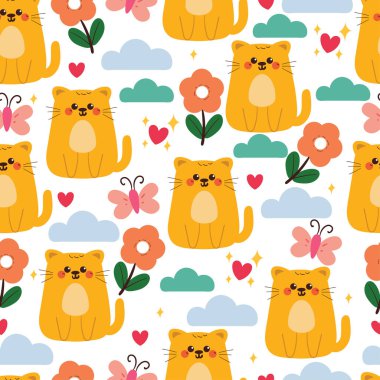 Sevimli el çizimi çizgi film kedileri kusursuz desen. şirin desenli arkaplan karikatür bitki ve gökyüzü elementi. Kelebek deseni