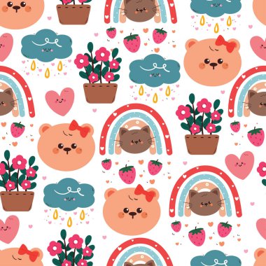 Gökyüzü elementi ve çiçekle çizilmiş şirin bir el çizimi kedi. Sevimli hayvan desenli. hediye paketi kağıdı için hayvan deseni