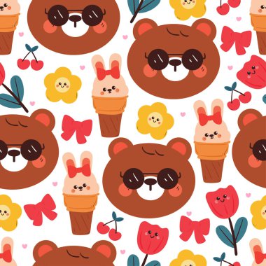 Sevimli, pürüzsüz el çizimi çizgi film ayısı ve çiçekli tavşan ve sevimli element. sevimli kalıp arkaplanı