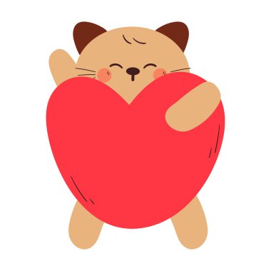 Kırmızı kalp balonu tutan sevimli el çizimi çizgi film kedisi. Sevgililer Günü çıkartması için sevimli hayvan çizimi. kedi etiketi