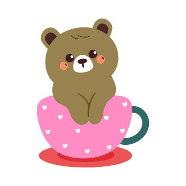 Pembe bardağın içinde oturan sevimli el çizimi çizgi film ayısı. Çıkartma için sevimli hayvan çizimleri. ayı etiketi