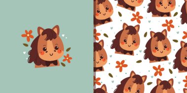 Güzel desen ve el çizimi at ve çiçek desenli kart destesi. Güzel at desenli arka plan. Şirin at kartı.