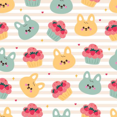 Kusursuz desenli şirin el çizimi çizgi film tavşanı ve çilekli kekler. Çizgili arkaplanda şirin desenli duvar kağıdı
