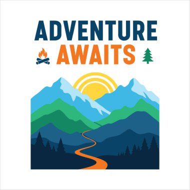 Stylized mountain range with sun and winding path, text 