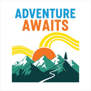 Mountain landscape with sun and tree illustration on a white background.