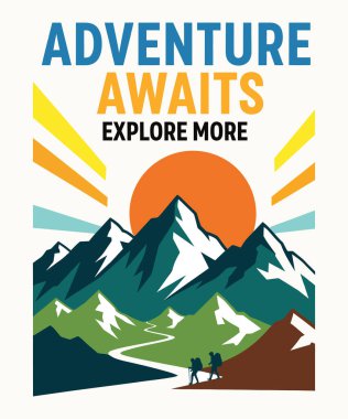 Stylized mountain landscape with hikers and sun rays on a white background