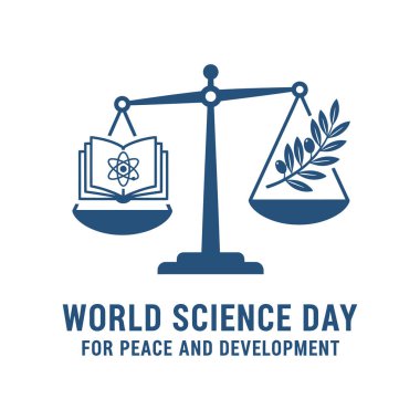 Blue balance scales holding an open book with atom symbol and an olive branch.