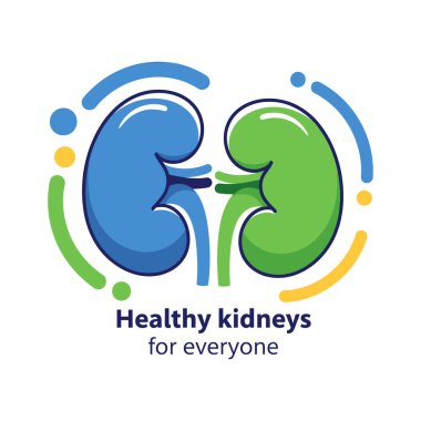 Stylized blue and green kidneys with colorful abstract shapes and dots on a white background.