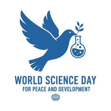 Blue dove with outstretched wings holds a science flask with a plant sprig on a white background.