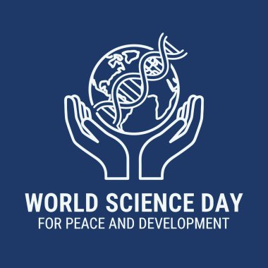 Blue line art of hands holding Earth with DNA strand on white background