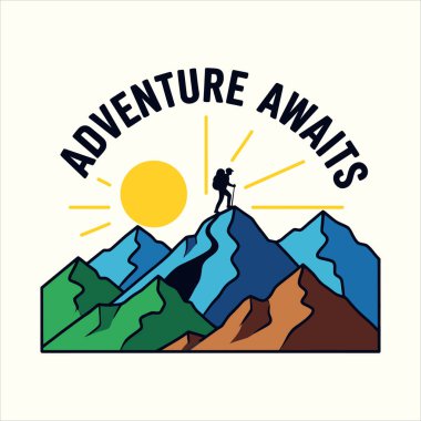 Hiker on a mountain peak with a sun and text adventure awaits